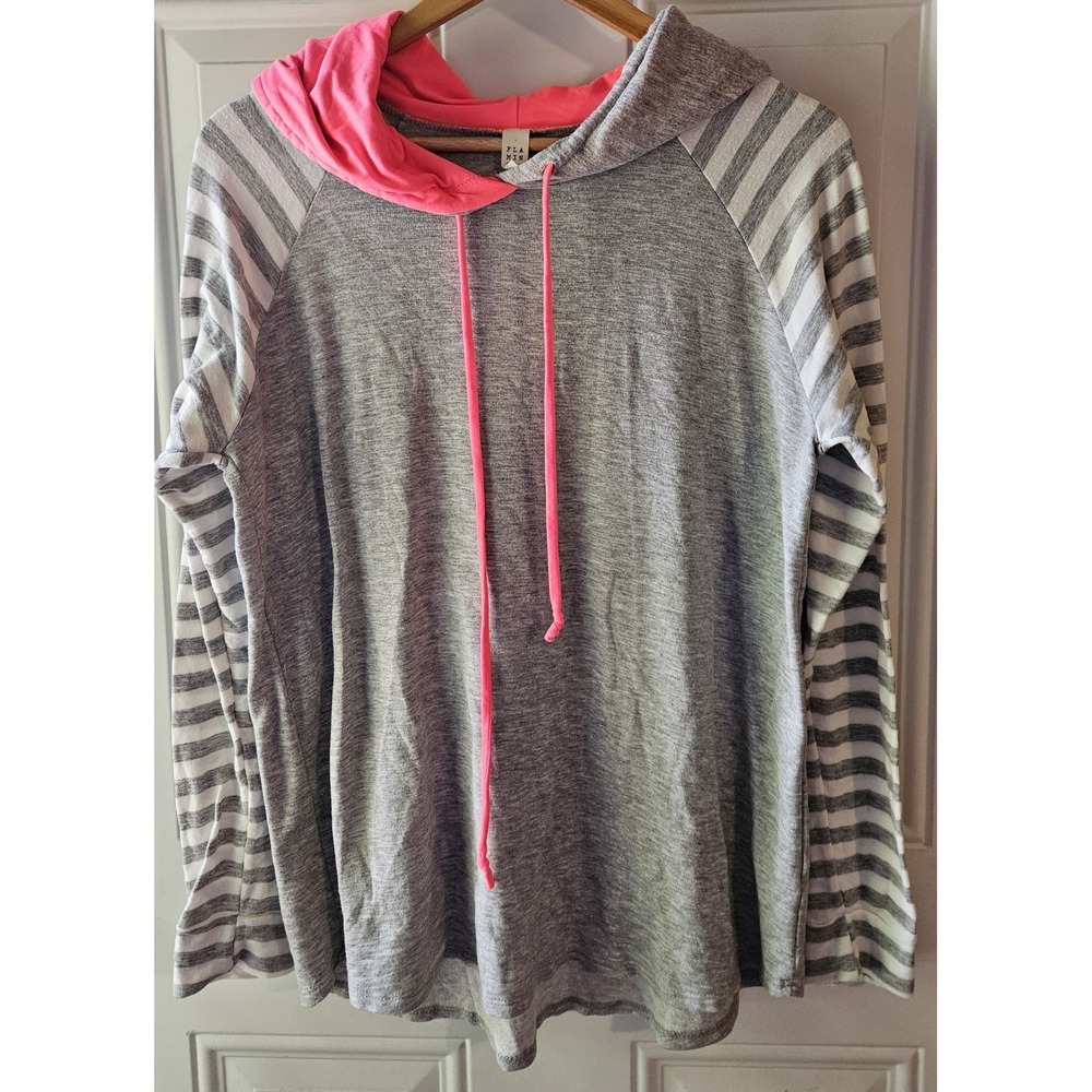 Flamingo Gray Striped‎ Cowl Neck Hoodie Top Womens Medium Large Pink Accent